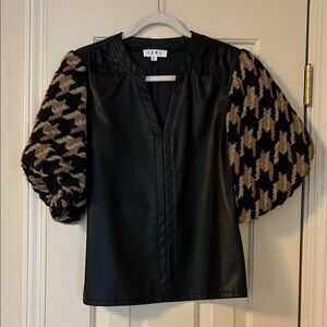 THML Black Faux Leather Top with Tan Houndstooth Puff Sleeves